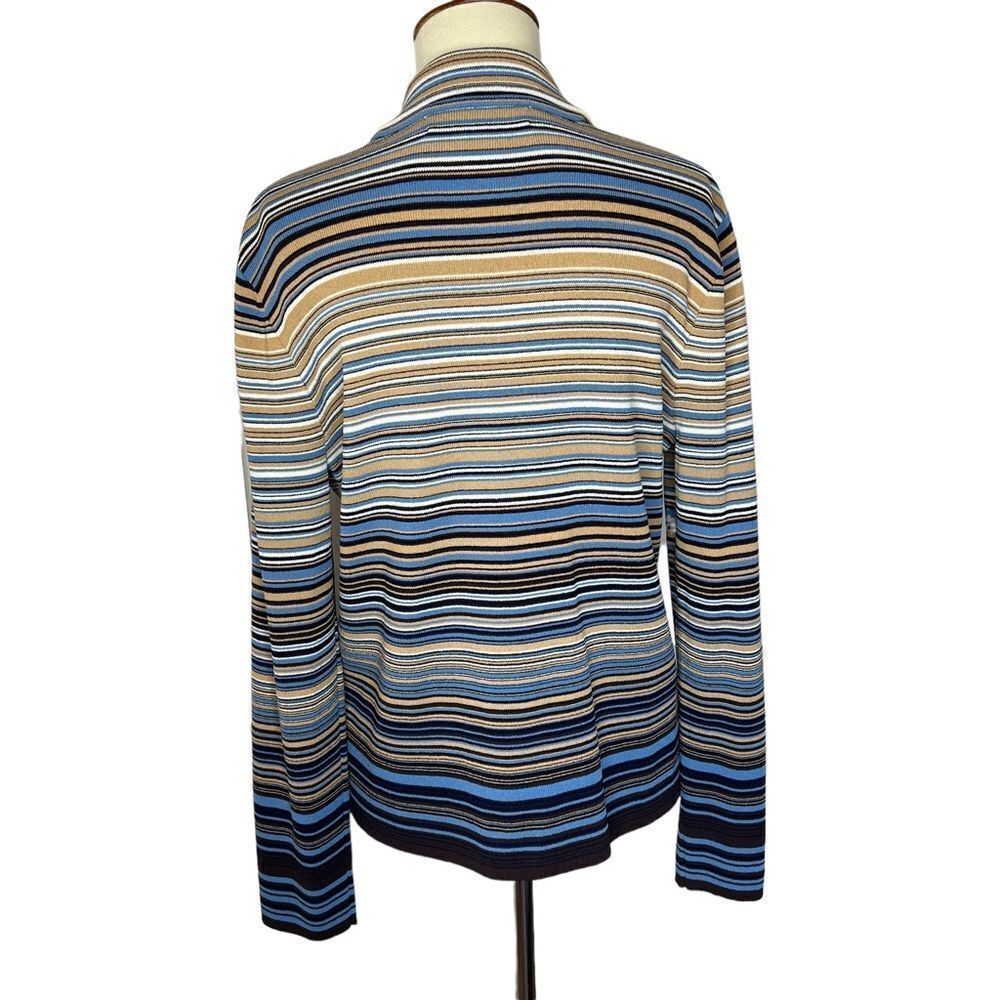 Vintage Jones New York Cardigan Sweater Button Front Size M Striped Blues Tan - Picture 9 of 10